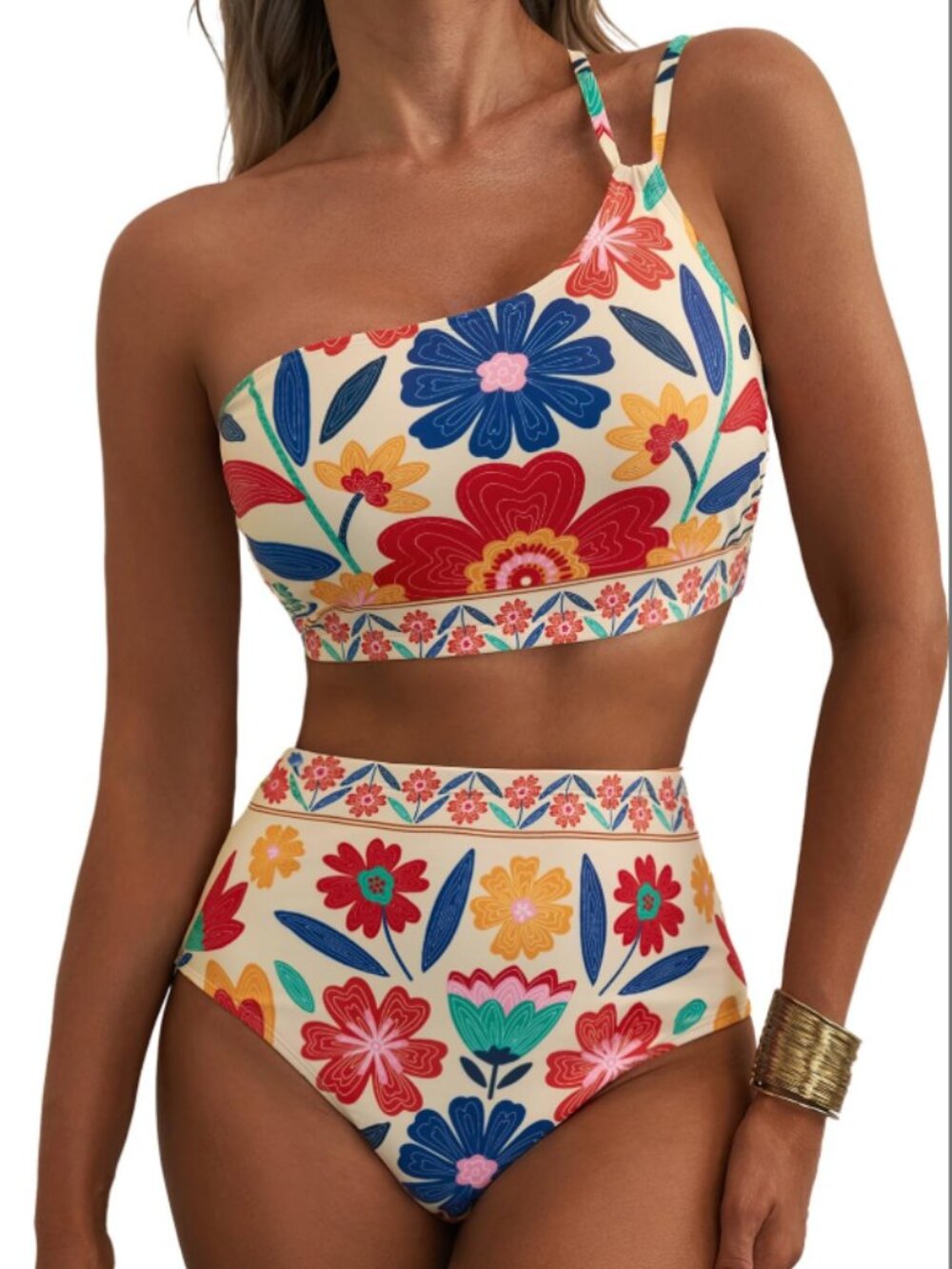 Women Bikini Sets One Shoulder Padded Swimsuits High Waisted Stretchy Fu